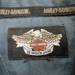 Vintage Y2K Harley Davidson Shirt Mens Large Blue USA Mechanic Button Up Biker Patch
