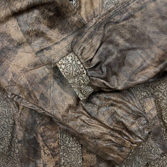 Vintage 90s Leather Jacket Mens Medium Brown Faded Aztec Geometric Print Bomber Coat