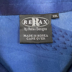 Vintage Y2K Relax Designs Dragon Shirt Mens 2XL Blue Kanji Silk Feel Button Up