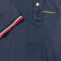 Prada Polo Shirt Mens Medium Blue Rubber Logo Contrast Tipped Faded Short Sleeve