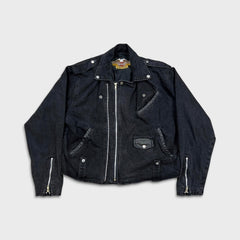 Vintage Y2K Harley Davidson Denim Jacket Womens Medium Black Motorcycle Biker Bomber
