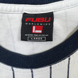 Vintage Y2K FUBU T Shirt Mens Large White Striped Spell Out Short Sleeve Tee