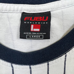 Vintage Y2K FUBU T Shirt Mens Large White Striped Spell Out Short Sleeve Tee