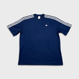 Vintage Y2K Adidas T Shirt Mens Large Blue Essentials 3 Stripes Spell Out Short Sleeve Athletic Tee