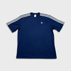 Vintage Y2K Adidas T Shirt Mens Large Blue Essentials 3 Stripes Spell Out Short Sleeve Athletic Tee