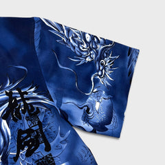 Vintage Y2K Relax Designs Dragon Shirt Mens 2XL Blue Kanji Silk Feel Button Up