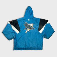 Vintage 90s Starter San Jose Sharks Jacket Mens Large Blue 1/4 Zip NHL Hockey Pullover